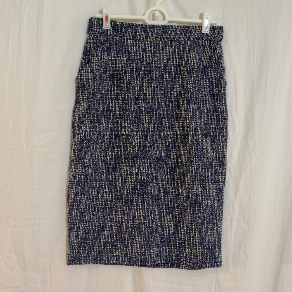 Kate Kasin Blue Tweed Pencil Skirt Women’s Medium Stretch Pockets Work Office